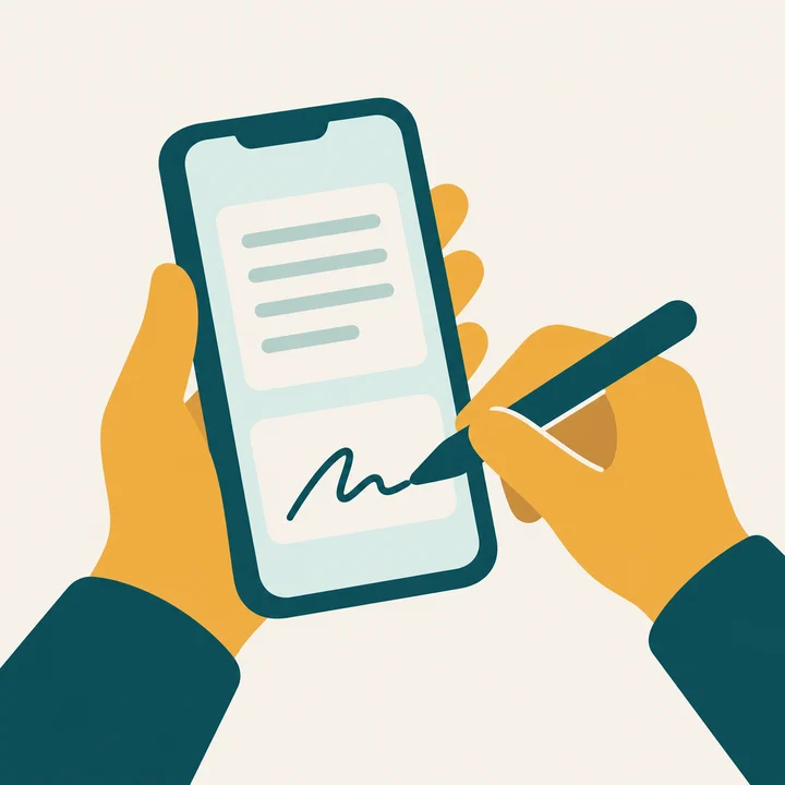 Ilustração de mãos assinando um contrato na tela do celular